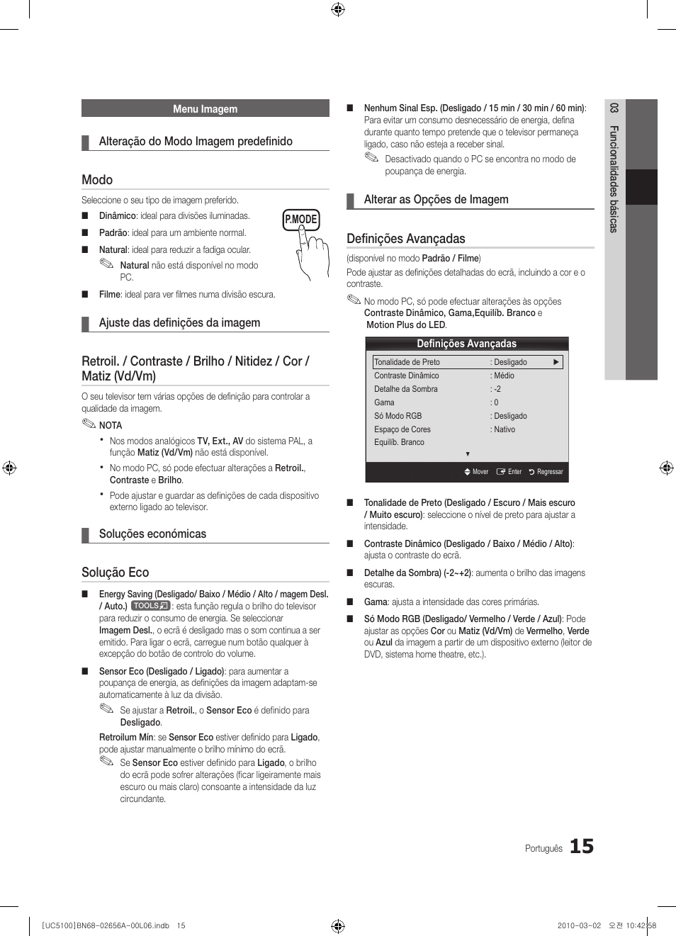 Modo, Solução eco, Definições avançadas | Samsung UE37C5100QW User Manual | Page 165 / 303