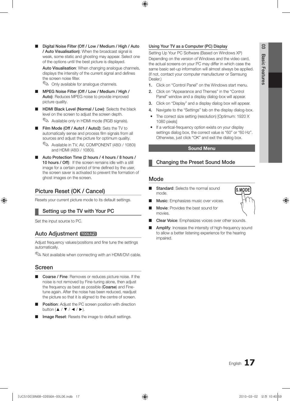 Sound menu, Picture reset (ok / cancel), Auto adjustment | Screen, Mode | Samsung UE37C5100QW User Manual | Page 17 / 303