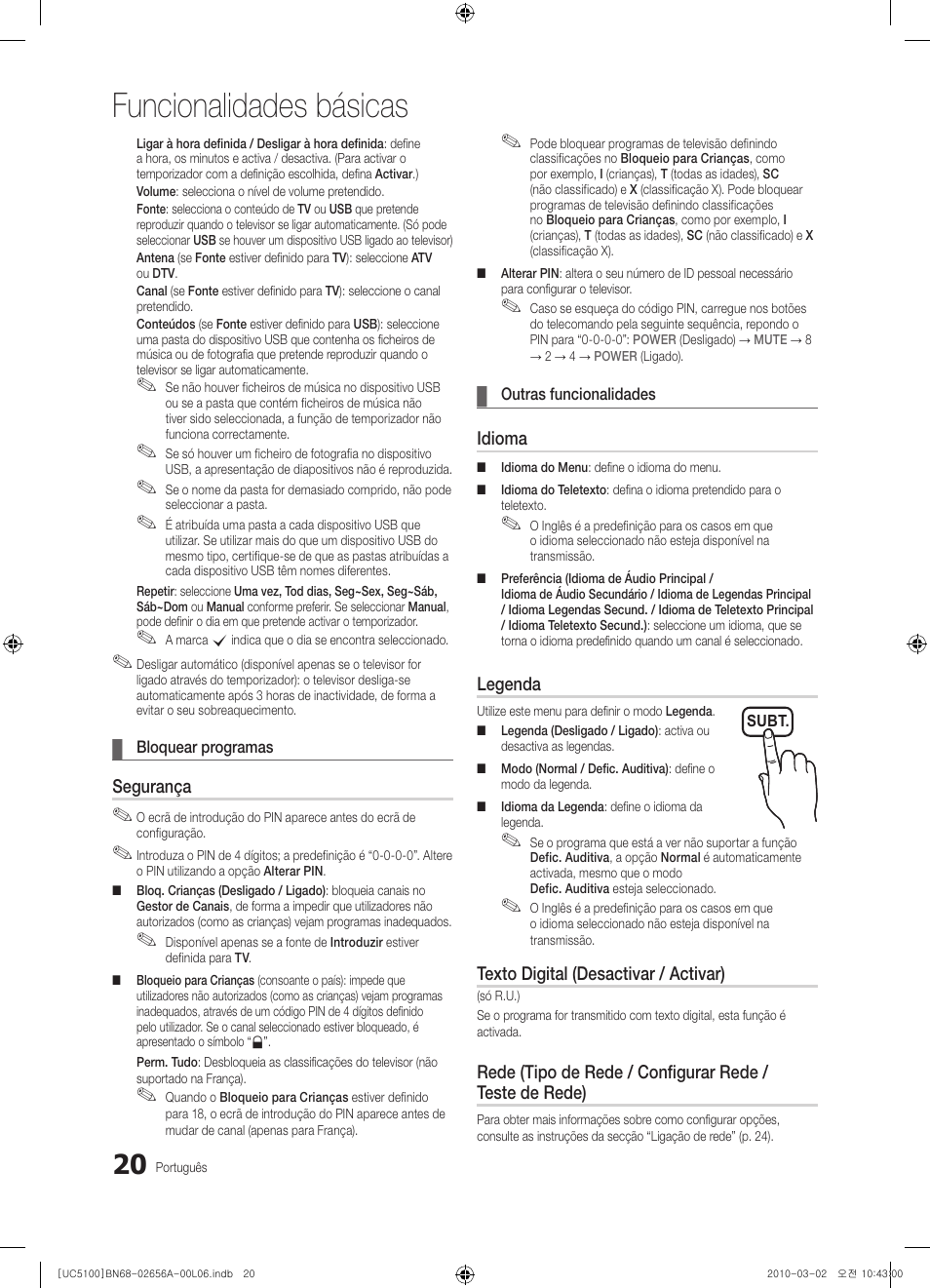 Funcionalidades básicas, Segurança, Idioma | Legenda, Texto digital (desactivar / activar) | Samsung UE37C5100QW User Manual | Page 170 / 303