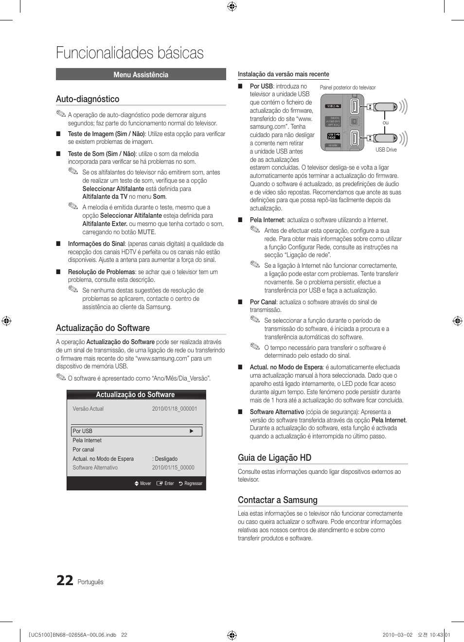 Funcionalidades básicas, Auto-diagnóstico, Actualização do software | Guia de ligação hd, Contactar a samsung | Samsung UE37C5100QW User Manual | Page 172 / 303