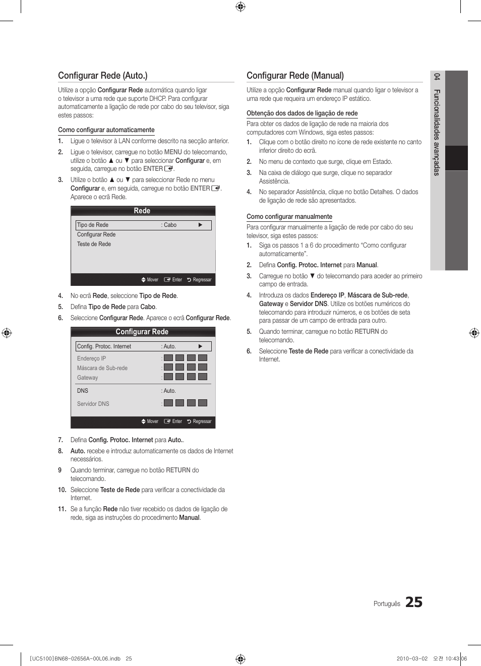 Configurar rede (auto.), Configurar rede (manual) | Samsung UE37C5100QW User Manual | Page 175 / 303