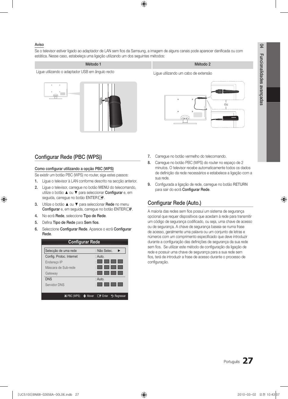 Configurar rede (pbc (wps)), Configurar rede (auto.) | Samsung UE37C5100QW User Manual | Page 177 / 303