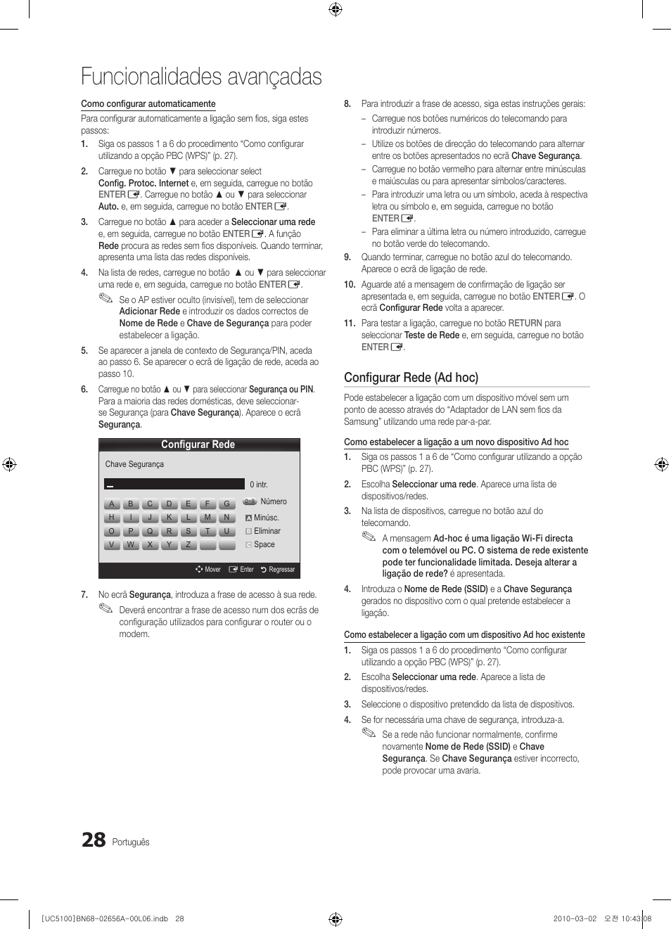 Funcionalidades avançadas, Configurar rede (ad hoc) | Samsung UE37C5100QW User Manual | Page 178 / 303