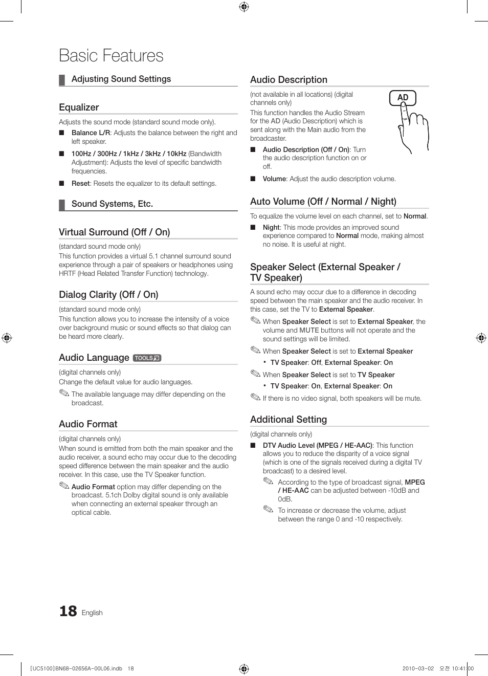 Basic features | Samsung UE37C5100QW User Manual | Page 18 / 303