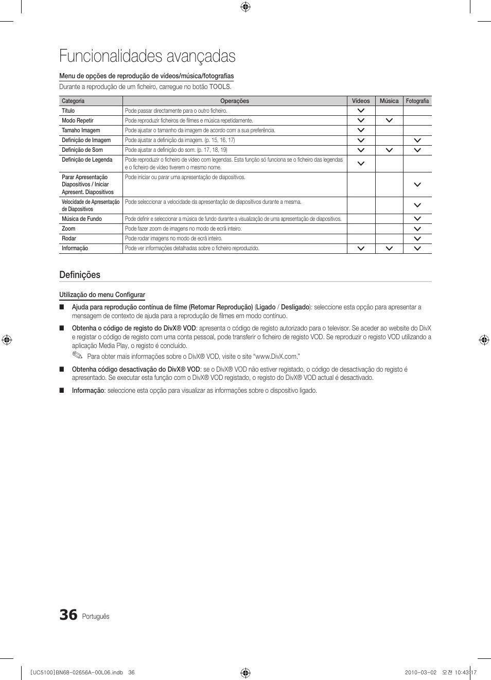 Funcionalidades avançadas, Definições | Samsung UE37C5100QW User Manual | Page 186 / 303