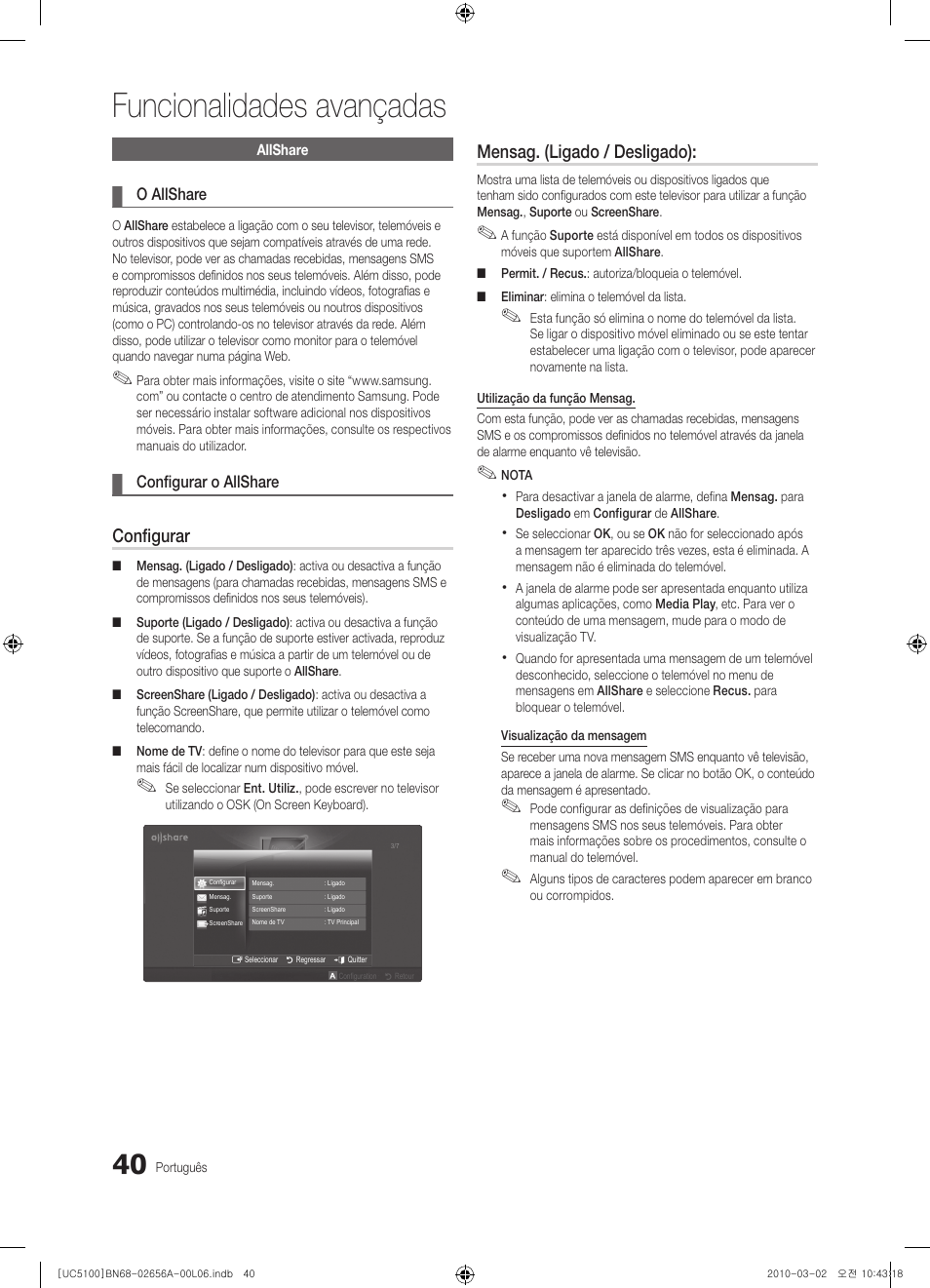Funcionalidades avançadas, Configurar, Mensag. (ligado / desligado) | Samsung UE37C5100QW User Manual | Page 190 / 303