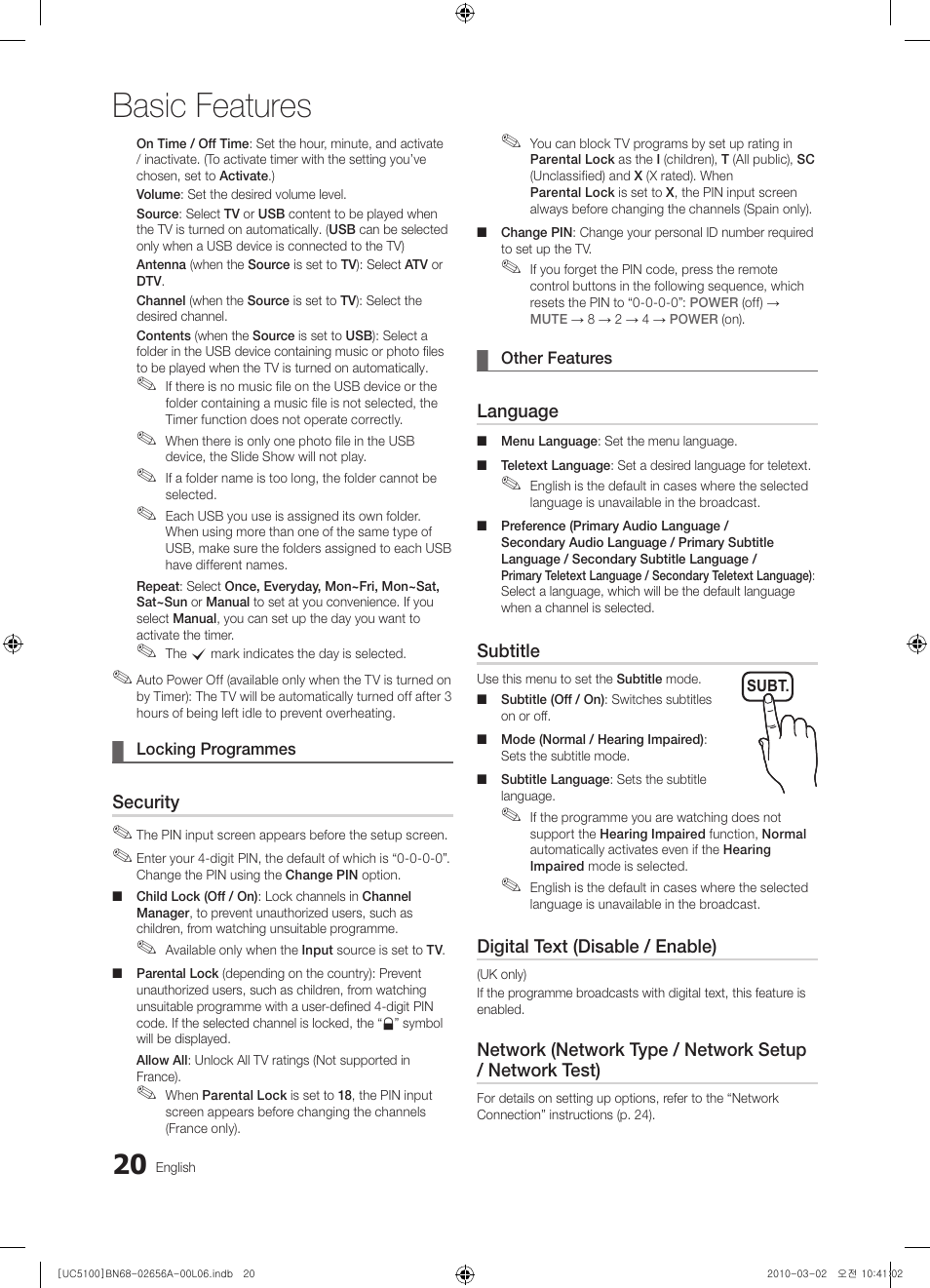 Basic features | Samsung UE37C5100QW User Manual | Page 20 / 303