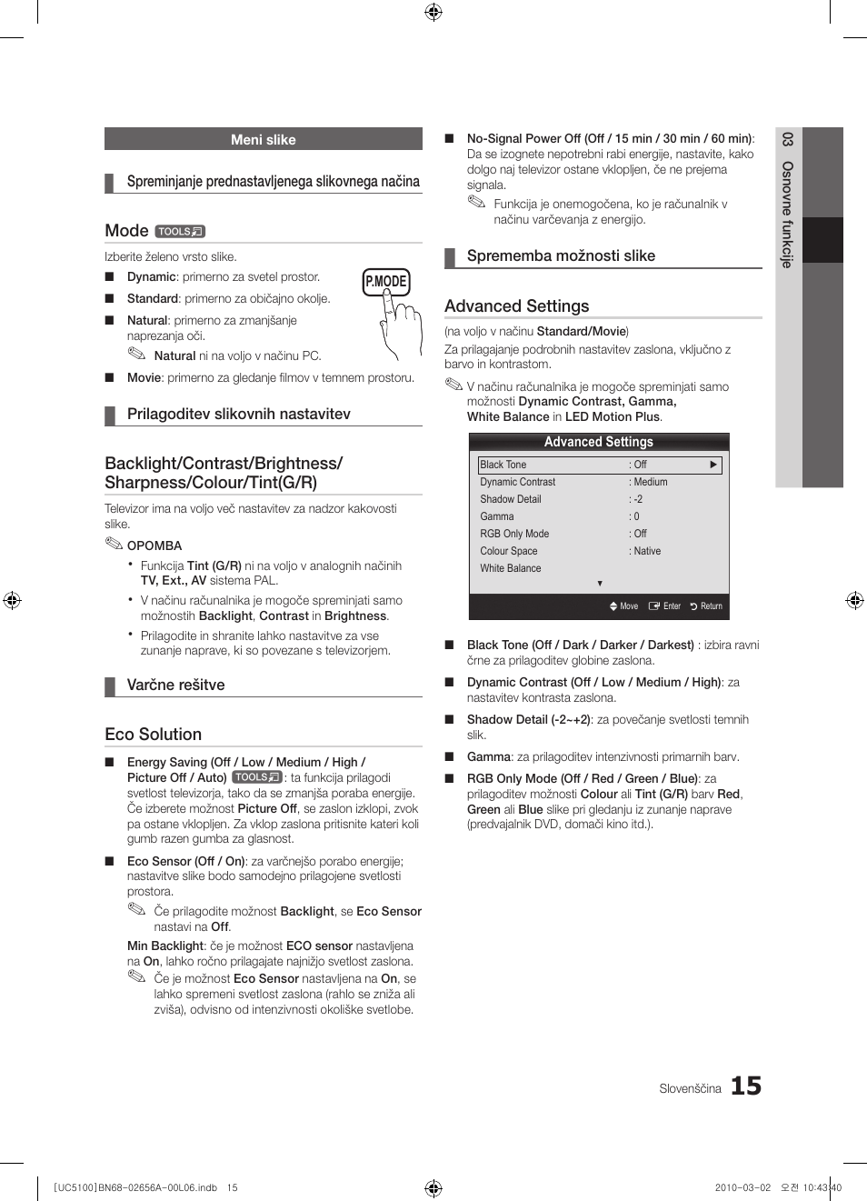 Mode, Eco solution, Advanced settings | Samsung UE37C5100QW User Manual | Page 215 / 303