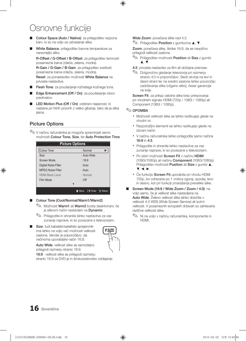 Osnovne funkcije, Picture options | Samsung UE37C5100QW User Manual | Page 216 / 303