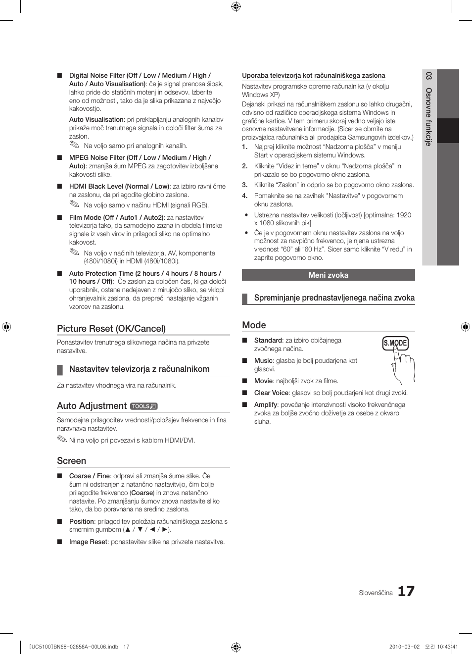Picture reset (ok/cancel), Auto adjustment, Screen | Mode | Samsung UE37C5100QW User Manual | Page 217 / 303