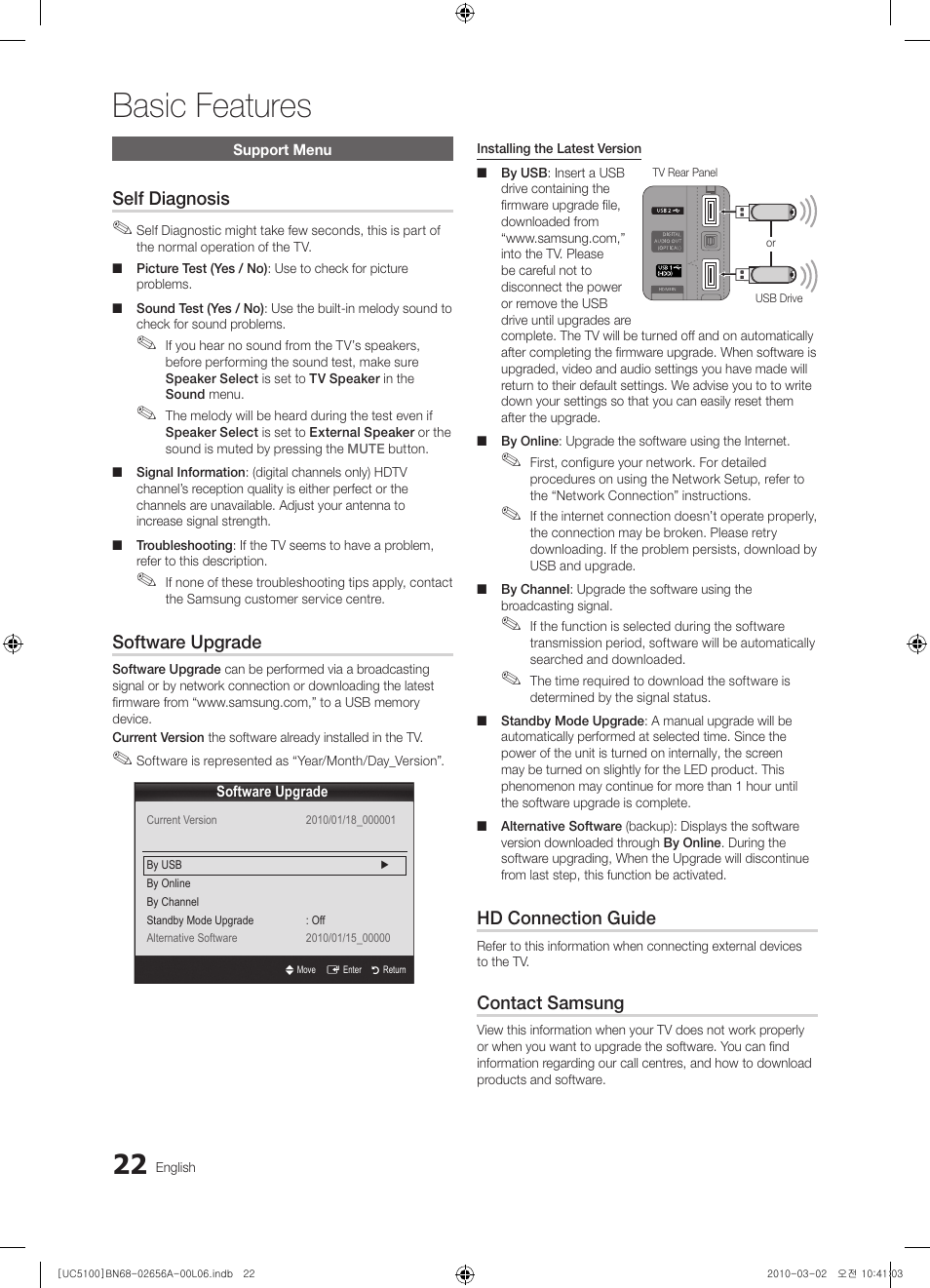 Support menu, Basic features, Self diagnosis | Software upgrade, Hd connection guide, Contact samsung | Samsung UE37C5100QW User Manual | Page 22 / 303