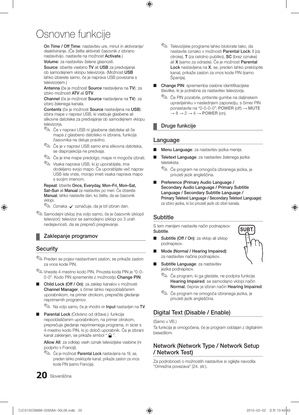 Osnovne funkcije | Samsung UE37C5100QW User Manual | Page 220 / 303