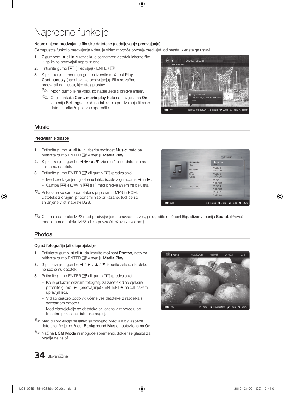 Napredne funkcije, Music, Photos | Samsung UE37C5100QW User Manual | Page 234 / 303