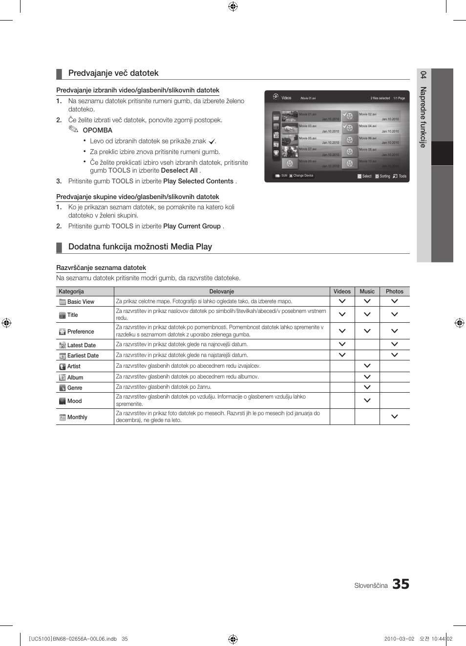 Predvajanje več datotek, Dodatna funkcija možnosti media play | Samsung UE37C5100QW User Manual | Page 235 / 303