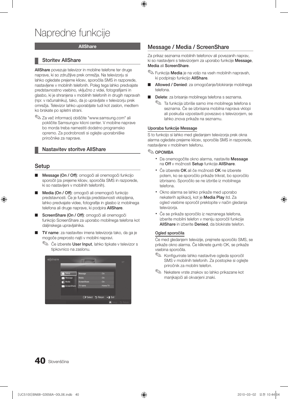 Napredne funkcije, Setup, Message / media / screenshare | Samsung UE37C5100QW User Manual | Page 240 / 303