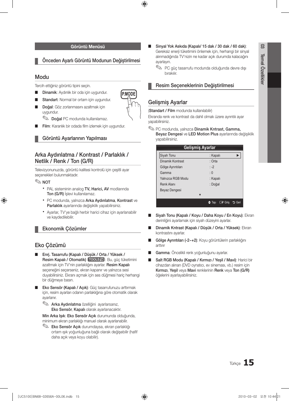 Modu, Eko çözümü, Gelişmiş ayarlar | Samsung UE37C5100QW User Manual | Page 265 / 303