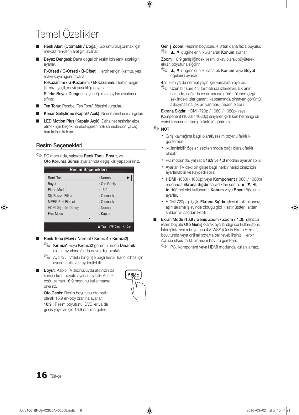 Temel özellikler, Resim seçenekleri | Samsung UE37C5100QW User Manual | Page 266 / 303