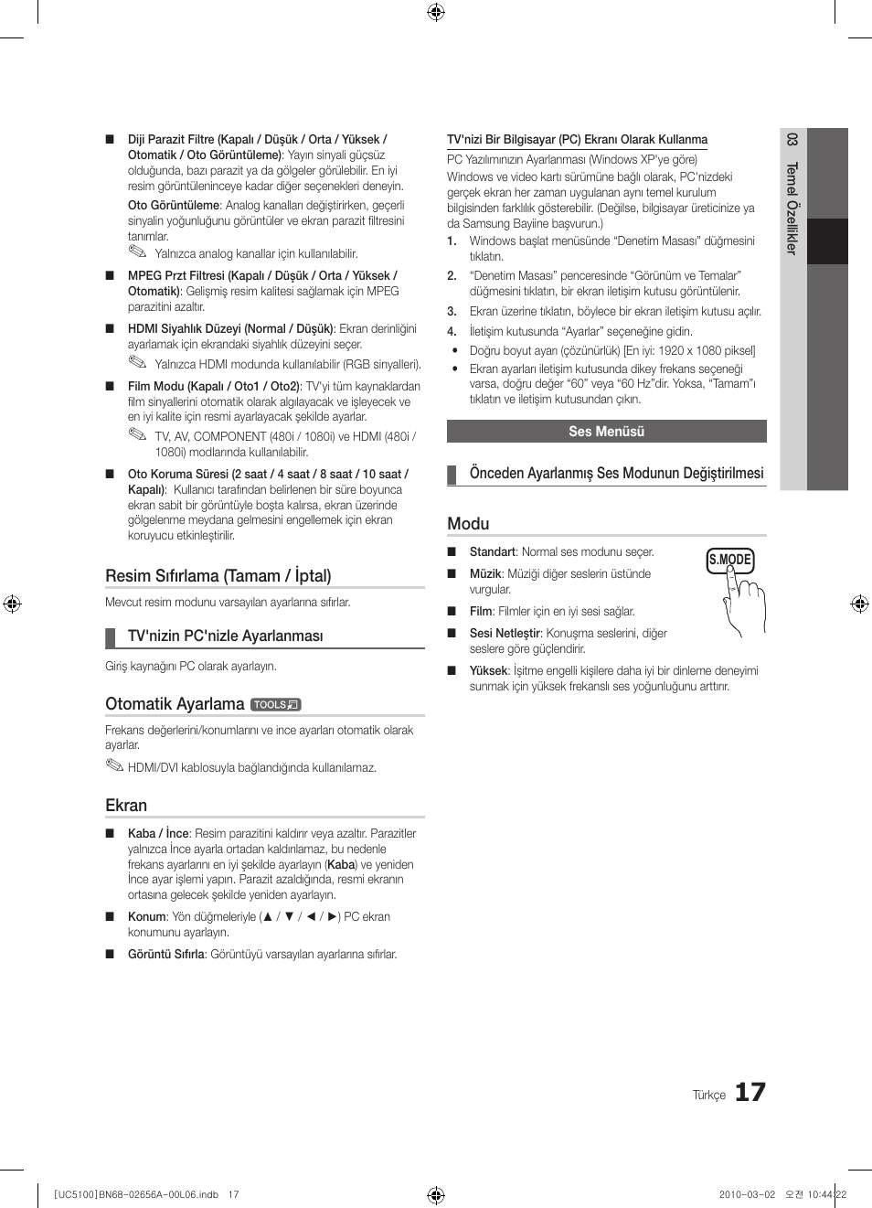 Resim sıfırlama (tamam / iptal), Otomatik ayarlama, Ekran | Modu | Samsung UE37C5100QW User Manual | Page 267 / 303