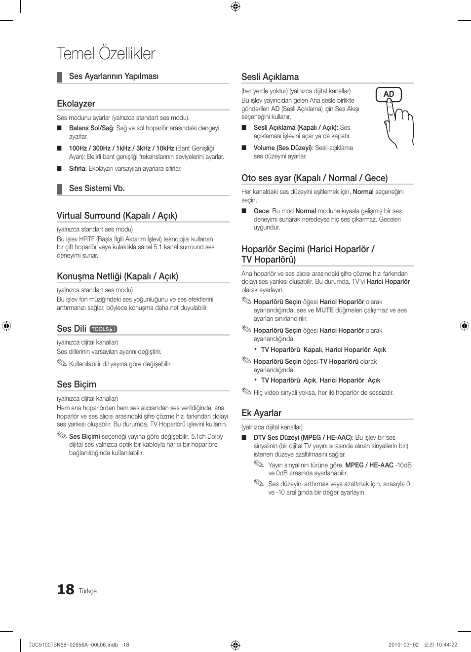 Temel özellikler | Samsung UE37C5100QW User Manual | Page 268 / 303