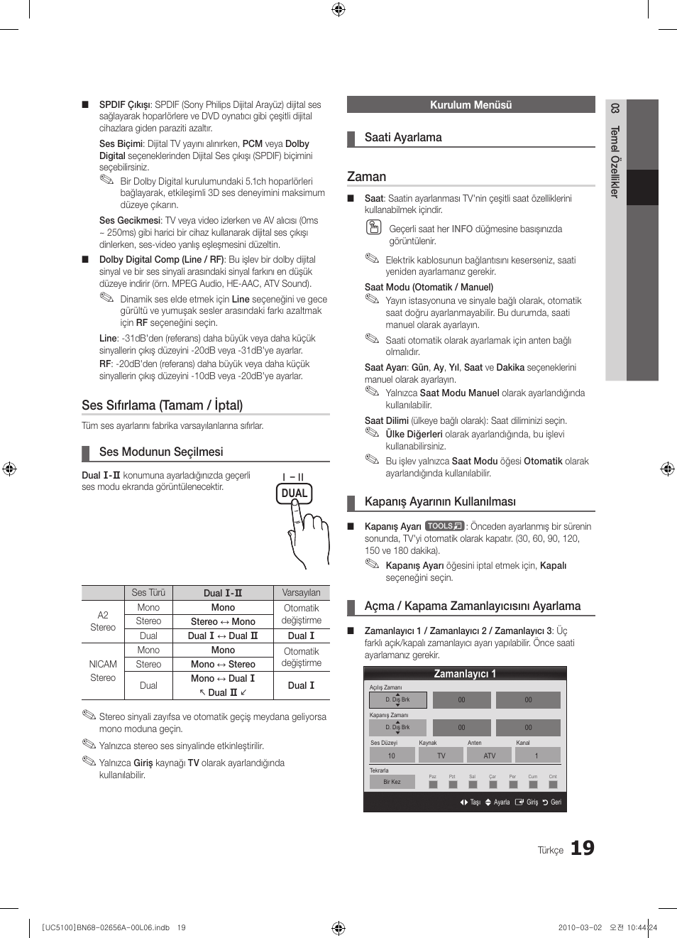 Ses sıfırlama (tamam / iptal), Zaman | Samsung UE37C5100QW User Manual | Page 269 / 303