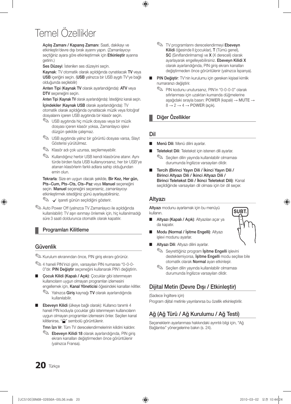 Temel özellikler | Samsung UE37C5100QW User Manual | Page 270 / 303