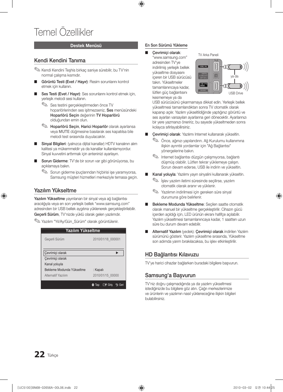 Temel özellikler, Kendi kendini tanıma, Yazılım yükseltme | Hd bağlantısı kılavuzu, Samsung'a başvurun | Samsung UE37C5100QW User Manual | Page 272 / 303