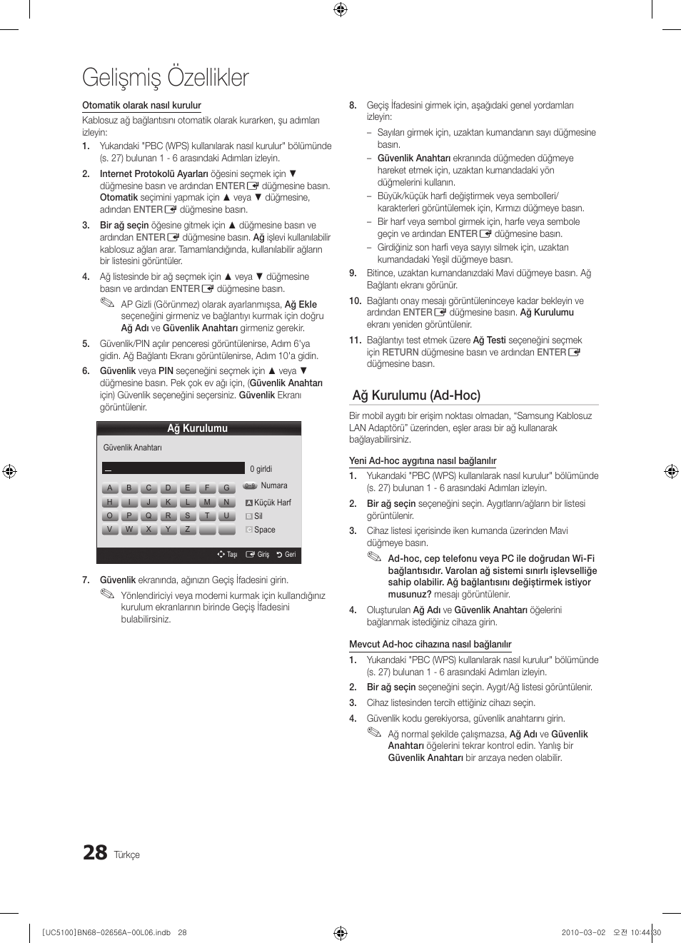 Gelişmiş özellikler, Ağ kurulumu (ad-hoc) | Samsung UE37C5100QW User Manual | Page 278 / 303