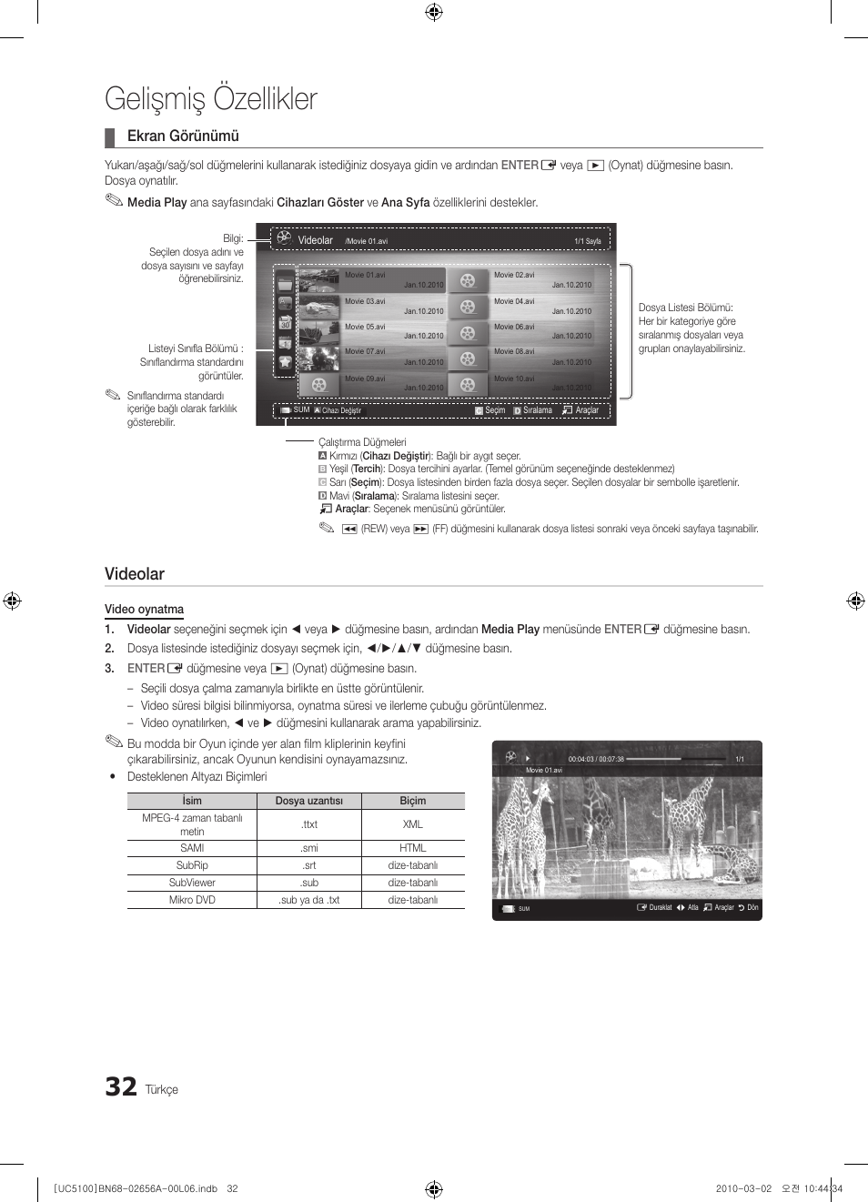 Gelişmiş özellikler, Videolar, Ekran görünümü | Samsung UE37C5100QW User Manual | Page 282 / 303