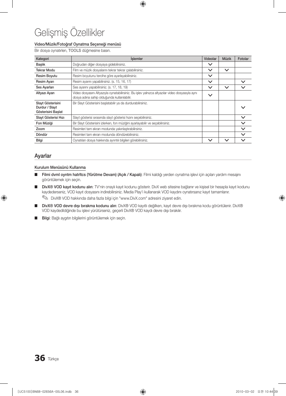 Gelişmiş özellikler, Ayarlar | Samsung UE37C5100QW User Manual | Page 286 / 303