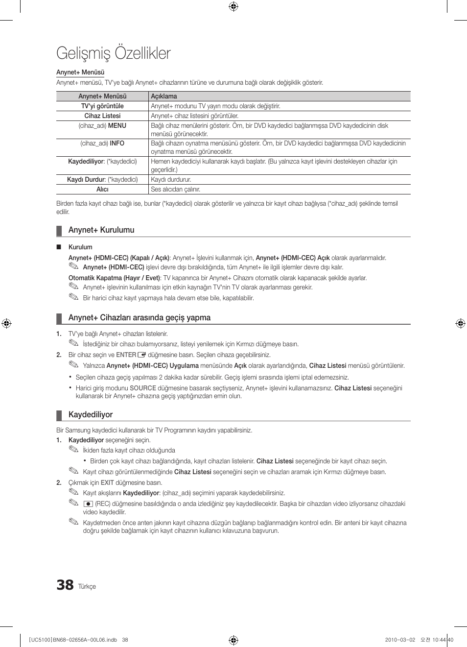 Gelişmiş özellikler | Samsung UE37C5100QW User Manual | Page 288 / 303