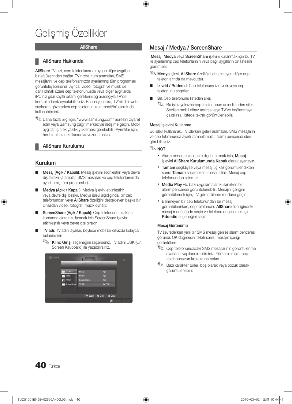 Gelişmiş özellikler, Kurulum, Mesaj / medya / screenshare | Samsung UE37C5100QW User Manual | Page 290 / 303