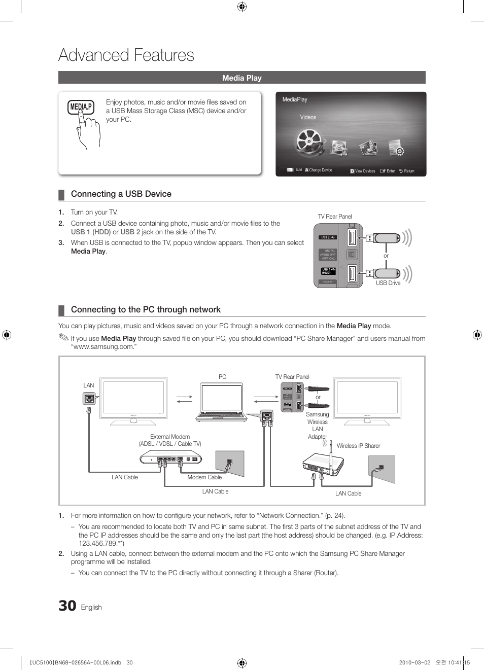 Media play, Advanced features | Samsung UE37C5100QW User Manual | Page 30 / 303