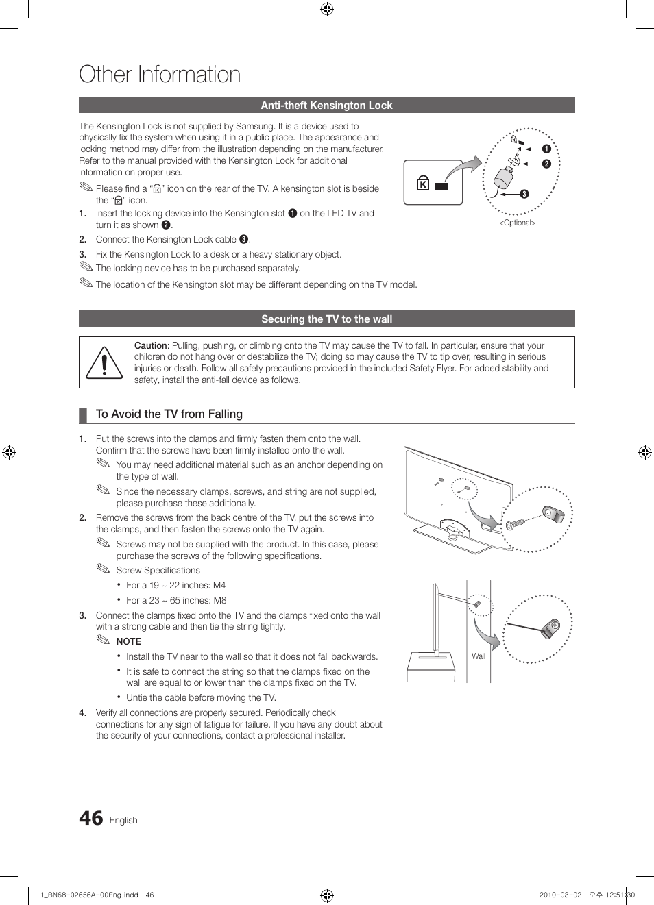 Anti-theft kensington lock, Securing the tv to the wall, Other information | Samsung UE37C5100QW User Manual | Page 46 / 303