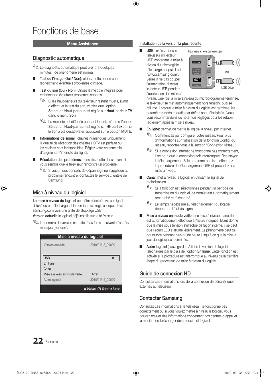 Fonctions de base, Diagnostic automatique, Mise à niveau du logiciel | Guide de connexion hd, Contacter samsung | Samsung UE37C5100QW User Manual | Page 72 / 303