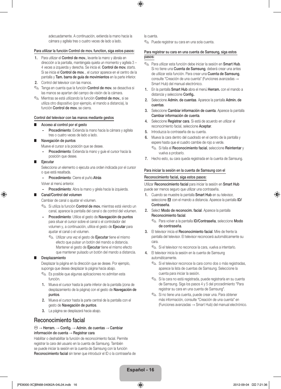 Reconocimiento facial | Samsung PS64E8000GS User Manual | Page 62 / 93