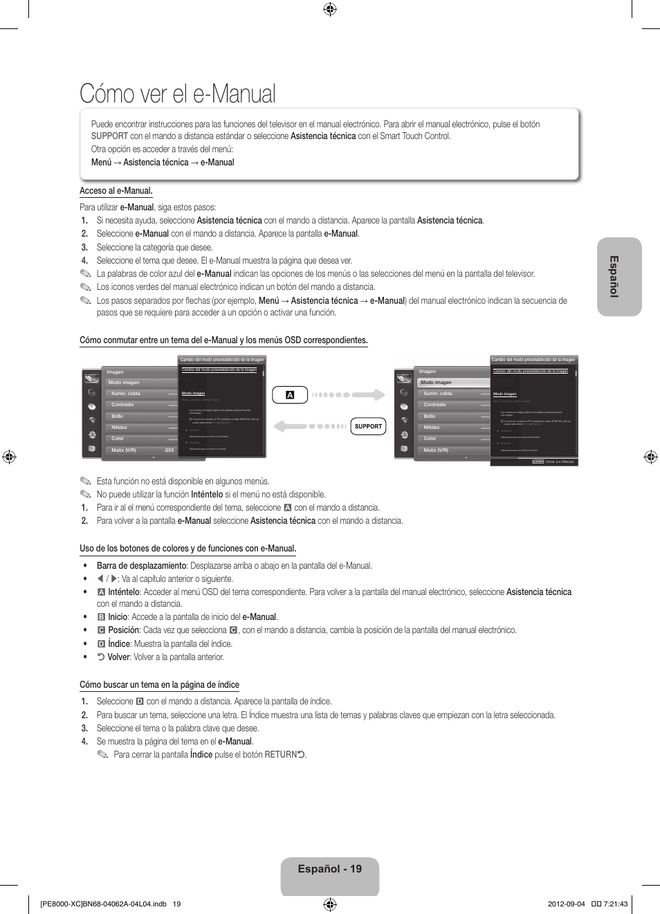 Cómo ver el e-manual, Español - 19 englishespañol, Esta función no está disponible en algunos menús | Samsung PS64E8000GS User Manual | Page 65 / 93