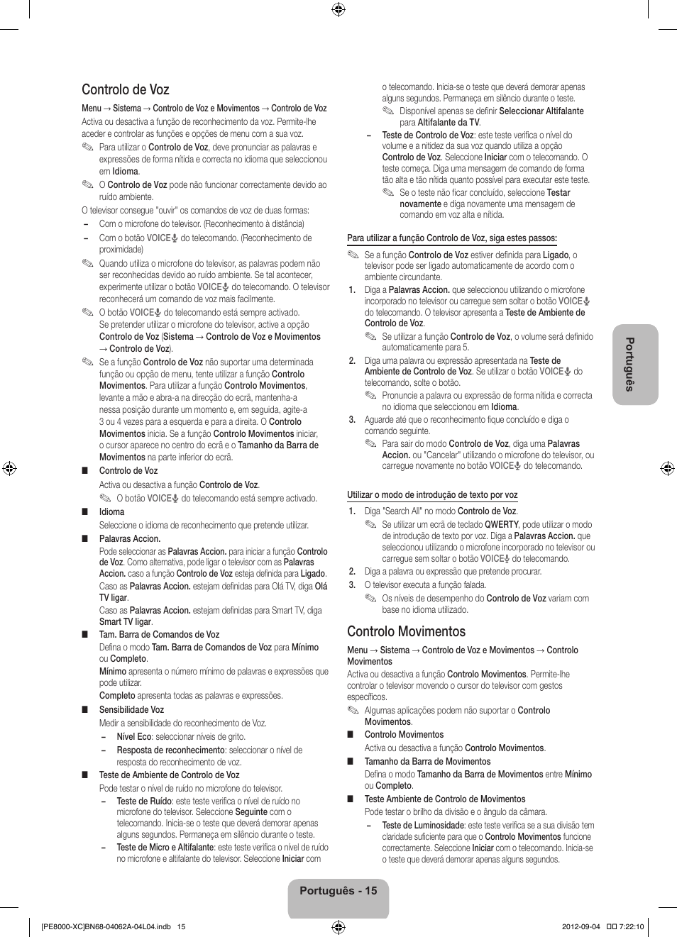 Controlo de voz, Controlo movimentos | Samsung PS64E8000GS User Manual | Page 84 / 93