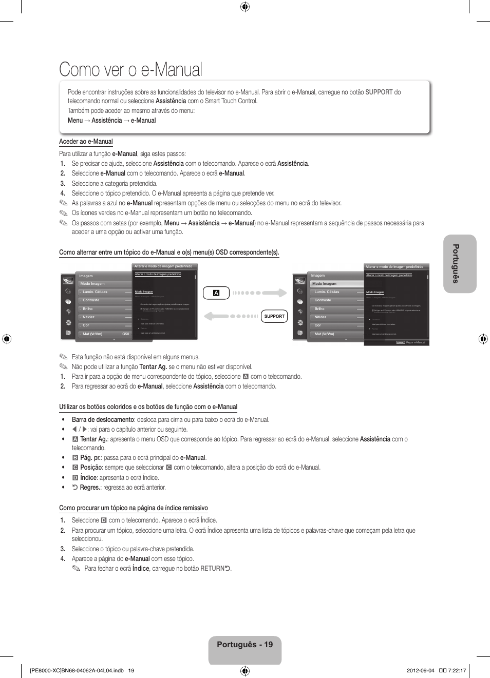 Como ver o e-manual, Português - 19 englishportuguês, Esta função não está disponível em alguns menus | Samsung PS64E8000GS User Manual | Page 88 / 93