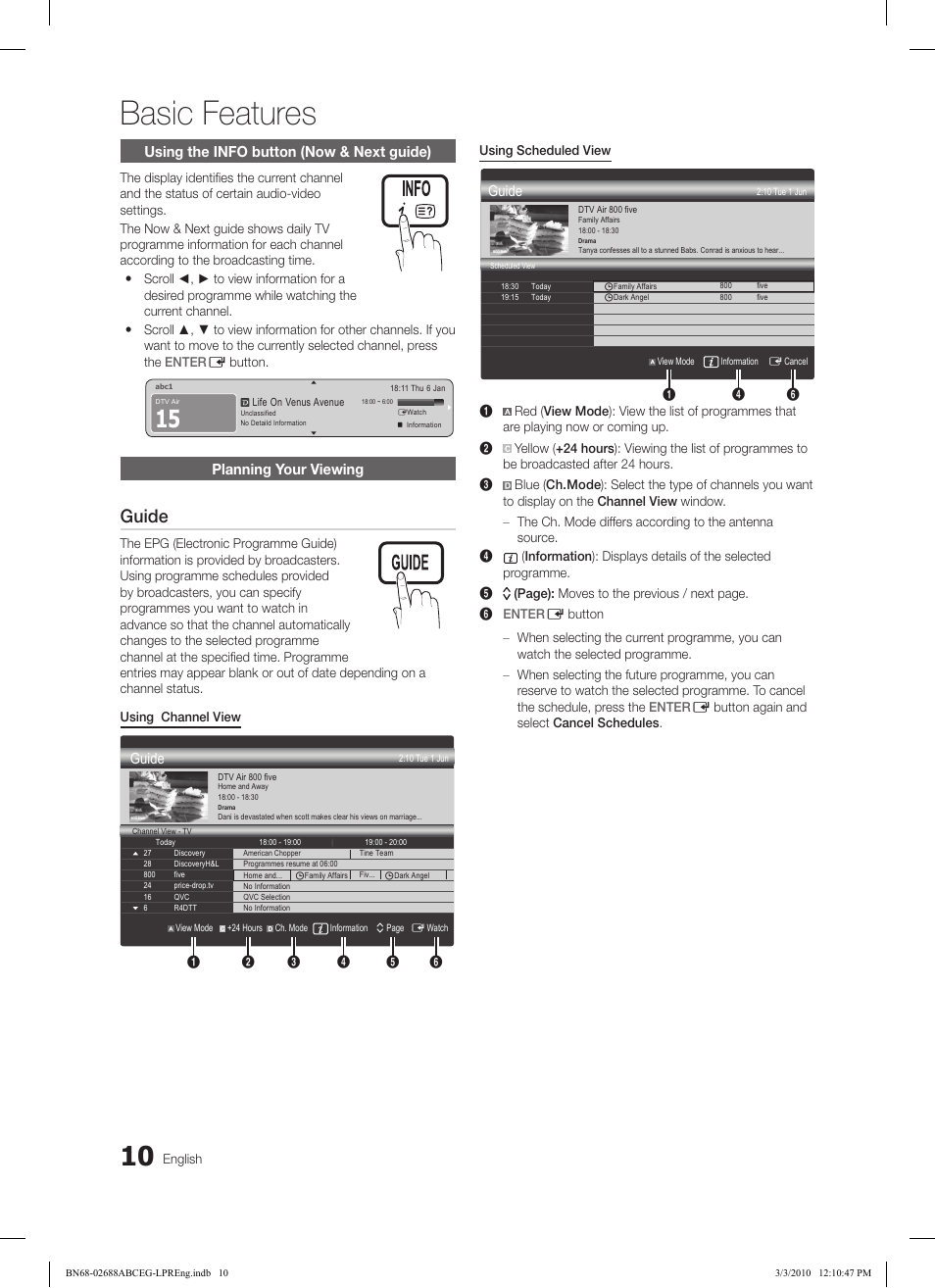 Basic features, Guide, Using the info button (now & next guide) | Planning your viewing | Samsung LE32C550J1W User Manual | Page 10 / 290