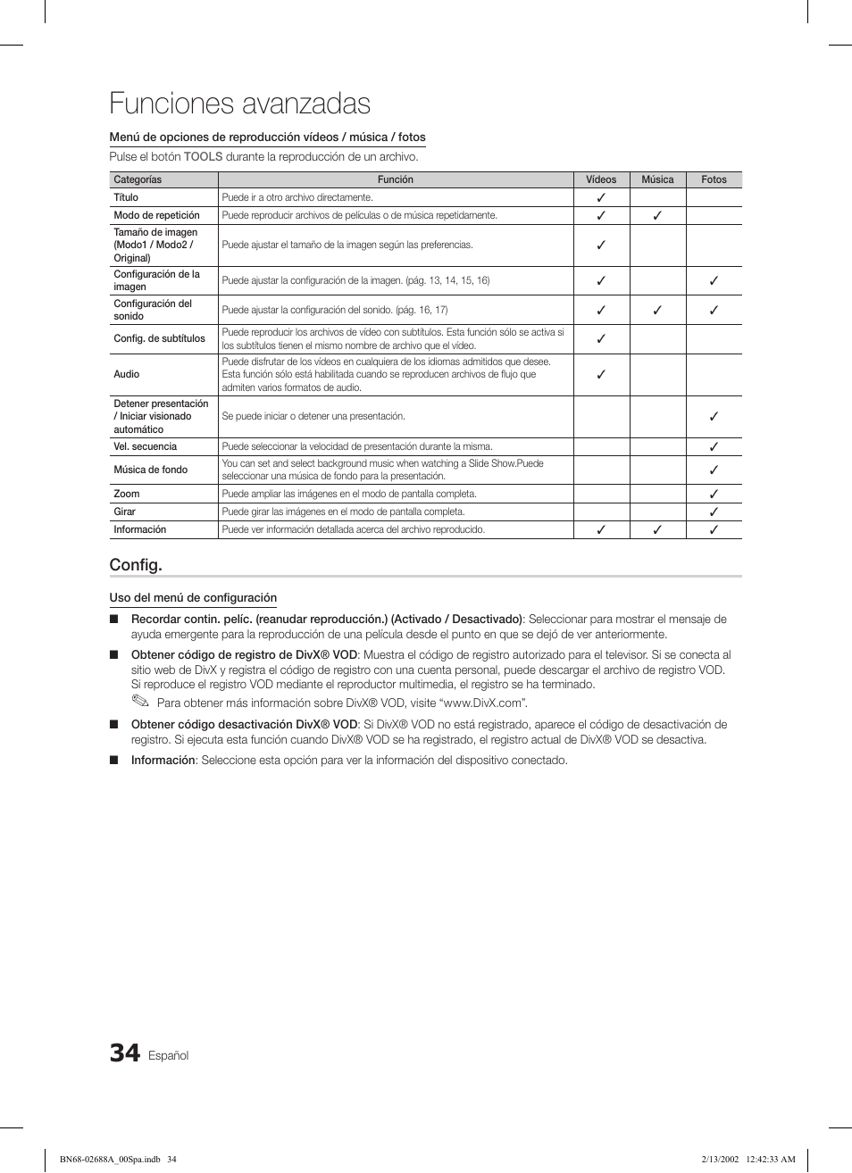 Funciones avanzadas, Config | Samsung LE32C550J1W User Manual | Page 130 / 290