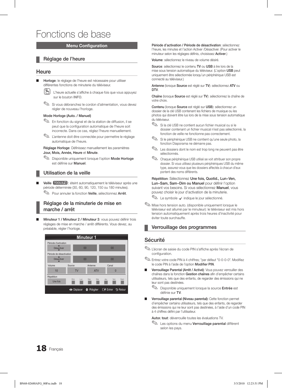 Fonctions de base, Heure, Sécurité | Réglage de l’heure, Utilisation de la veille, Réglage de la minuterie de mise en marche / arrêt, Verrouillage des programmes | Samsung LE32C550J1W User Manual | Page 66 / 290