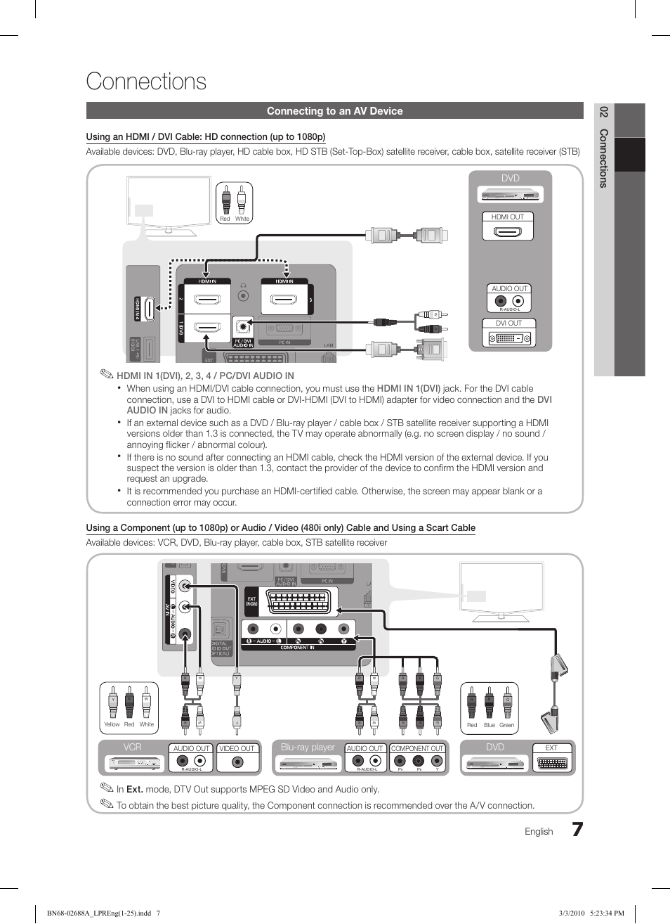 Connections, 02 connections, Connecting to an av device | English, Dvd blu-ray player dvd vcr | Samsung LE32C550J1W User Manual | Page 7 / 290