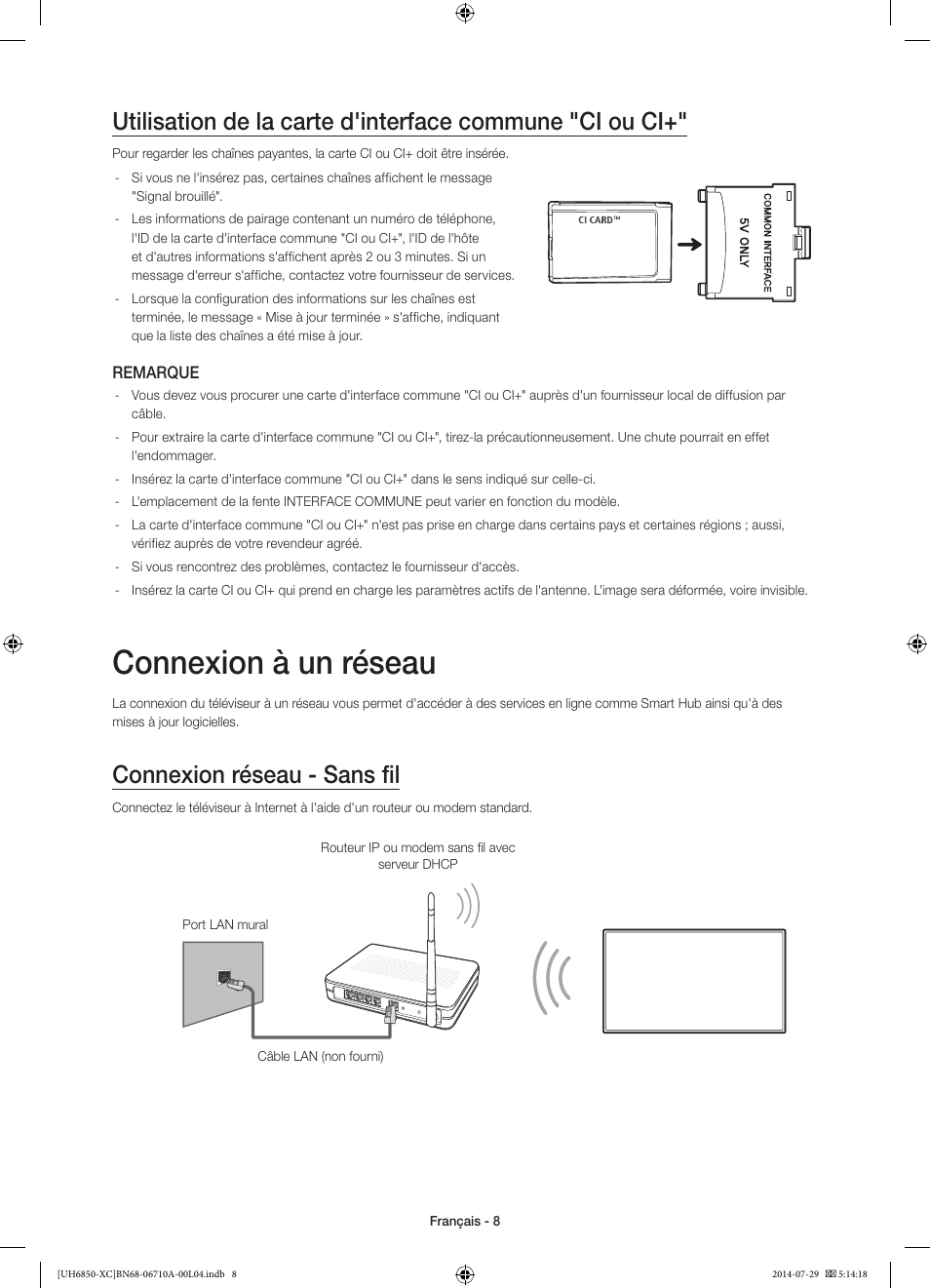 Connexion à un réseau, Connexion réseau - sans fil | Samsung UE55H6850AW User Manual | Page 30 / 89