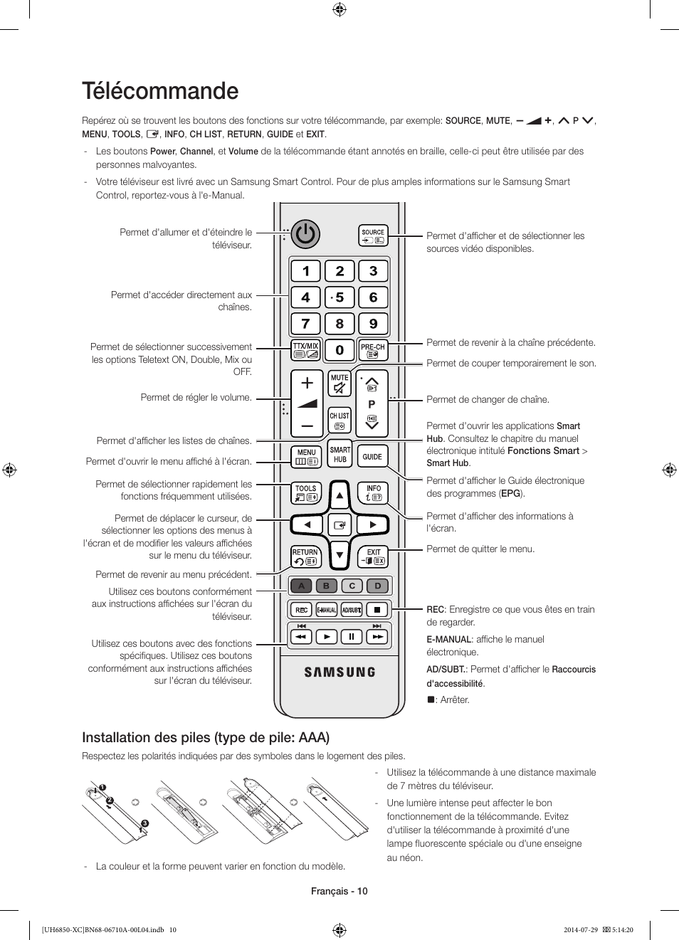 Télécommande, Installation des piles (type de pile: aaa) | Samsung UE55H6850AW User Manual | Page 32 / 89