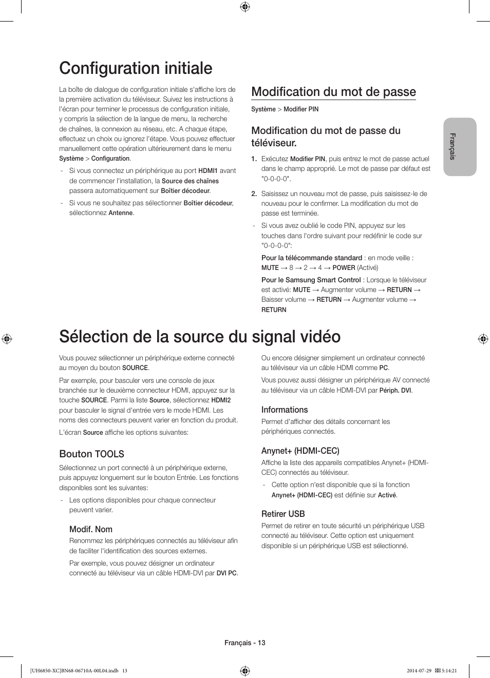 Configuration initiale, Sélection de la source du signal vidéo, Modification du mot de passe | Modification du mot de passe du téléviseur, Bouton, Tools | Samsung UE55H6850AW User Manual | Page 35 / 89