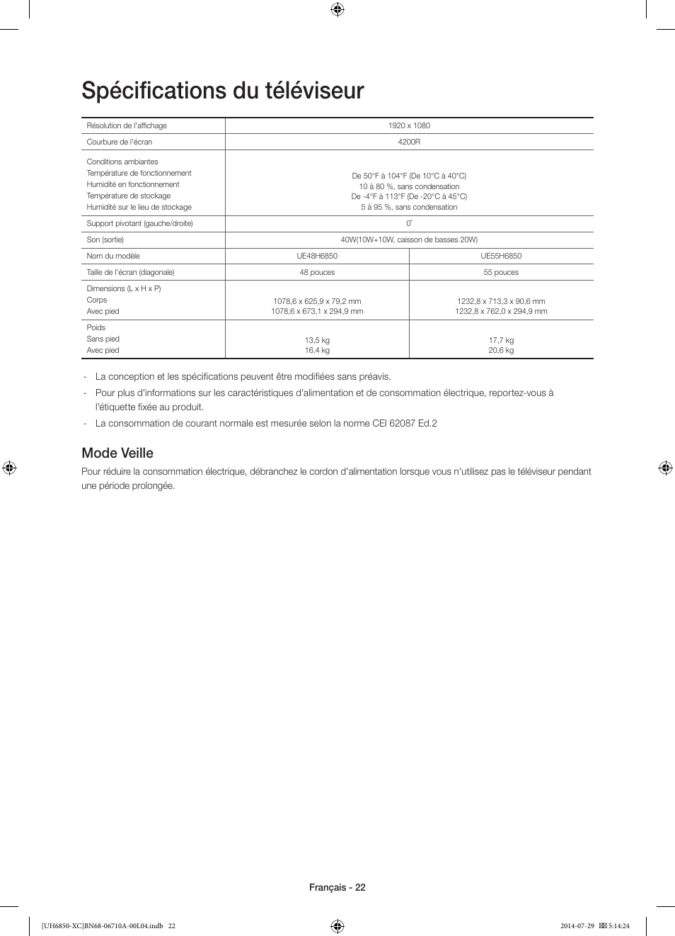 Spécifications du téléviseur, Mode veille | Samsung UE55H6850AW User Manual | Page 44 / 89