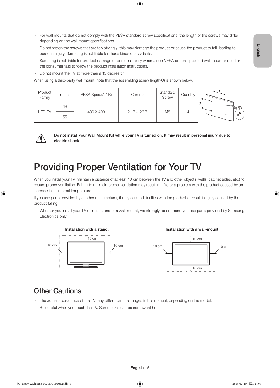 Providing proper ventilation for your tv, Other cautions | Samsung UE55H6850AW User Manual | Page 5 / 89