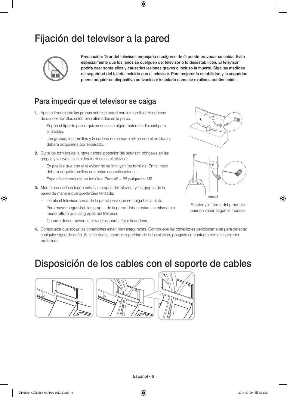 Fijación del televisor a la pared, Disposición de los cables con el soporte de cables, Para impedir que el televisor se caiga | Samsung UE55H6850AW User Manual | Page 50 / 89