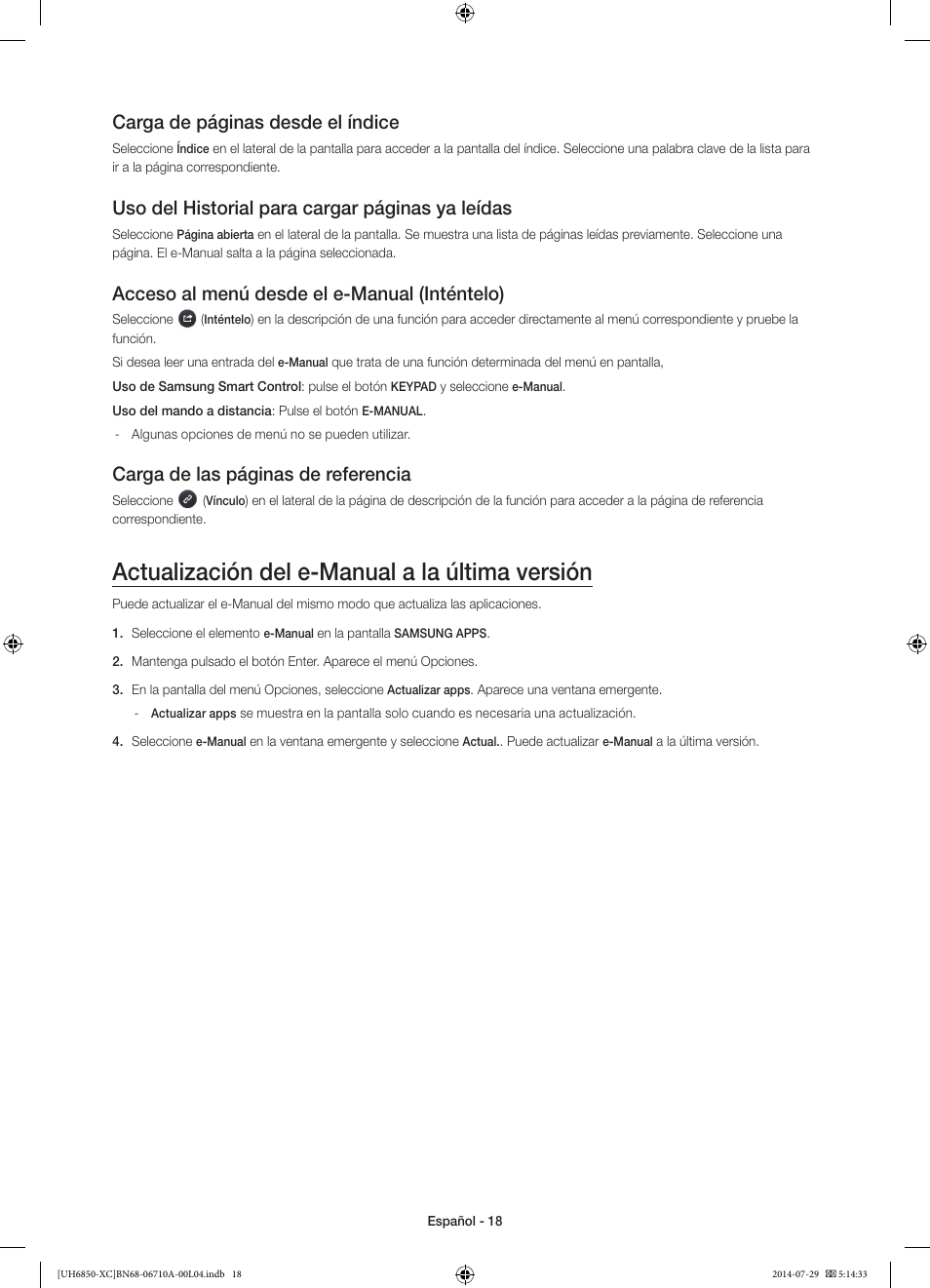 Actualización del e-manual a la última versión, Carga de páginas desde el índice, Uso del historial para cargar páginas ya leídas | Acceso al menú desde el e-manual (inténtelo), Carga de las páginas de referencia | Samsung UE55H6850AW User Manual | Page 62 / 89