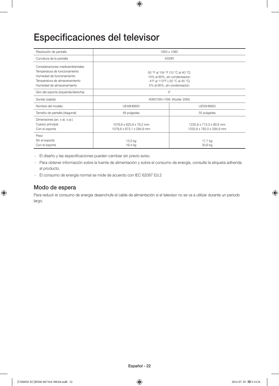 Especificaciones del televisor, Modo de espera | Samsung UE55H6850AW User Manual | Page 66 / 89